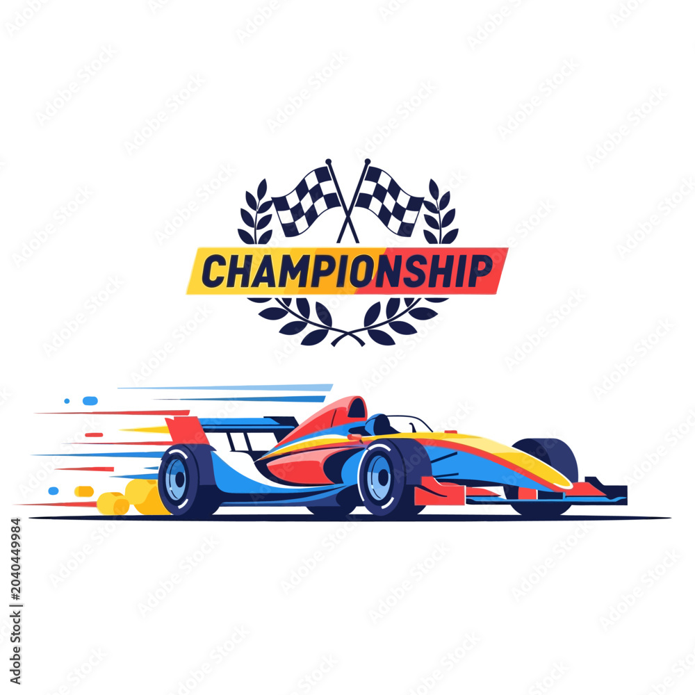 Obraz premium Race car logo with championship elements, speed concept, and flags.