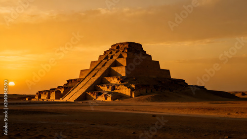 ziggurat. Majestic stepped ziggurat ruins at twilight against golden desert sky. real-estate listings, architecture portfolios, designed for real-estate listing and luxury residence showcases.