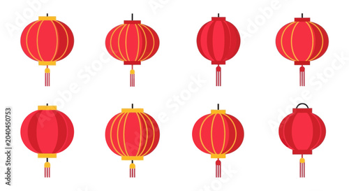 Obraz na plátně Traditional Red Chinese Lanterns Set Isolated on White Background