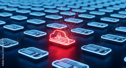 Glowing red cloud icon with warning symbol sparks on dark background