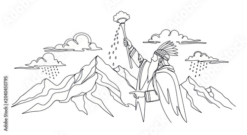 Foto Indigenous Shaman Invoking Rain Over Mountains, Spiritual Ritual
