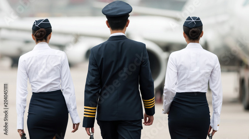 Airline crew members walking towards airplane airport terminal professional photography urban setting behind view aviation industry