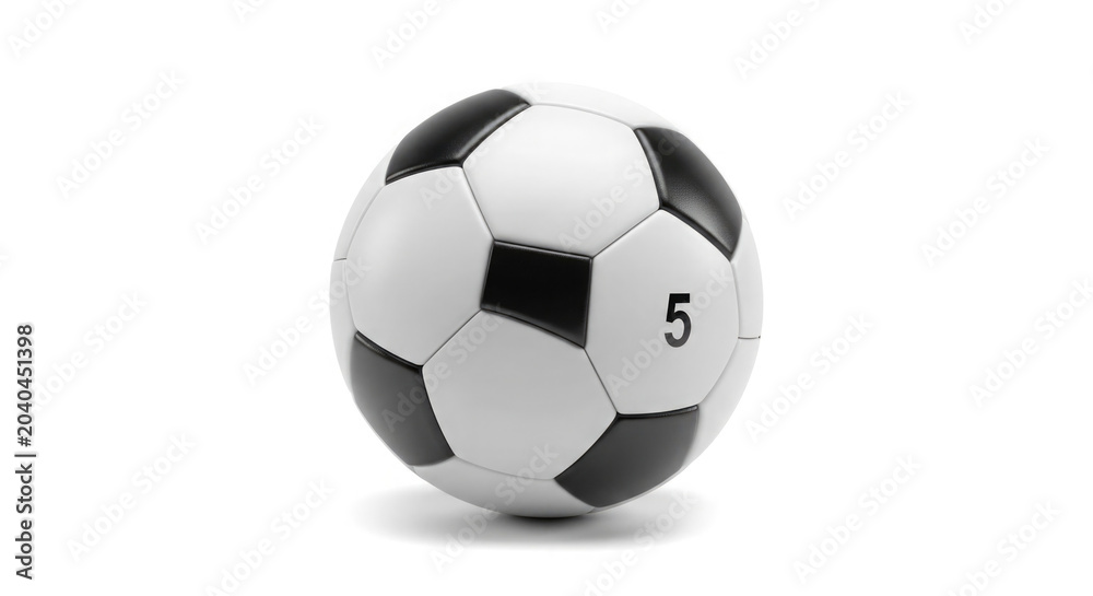 Naklejka premium Classic black and white soccer ball with number five on a white background