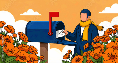 Man placing envelope in blue mailbox among orange flowers. Stylized illustration of person in autumn coat and scarf. Communication concept for mail delivery, shipping, and correspondence marketing.