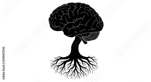 Bild auf Leinwand Brain Tree Silhouette with Roots - Symbol of Knowledge and Growth