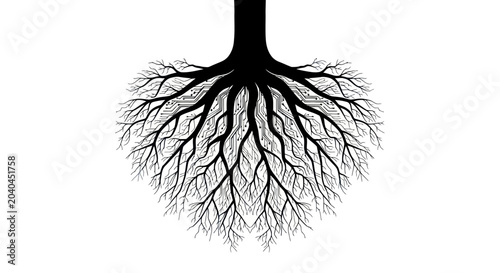 Schilderij op canvas Black Tree Roots Silhouette Isolated on White Background