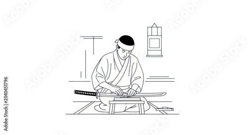 Bild auf Leinwand Japanese Swordsmith Sharpening Katana Blade with Whetstone