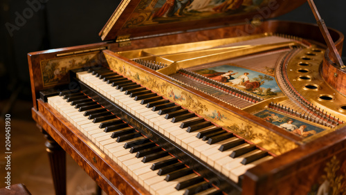 harpsichord. Open Baroque harpsichord revealing two rows of keys and internal paintings. event programs, museum guides, designed for cultural heritage projects and event programs.
