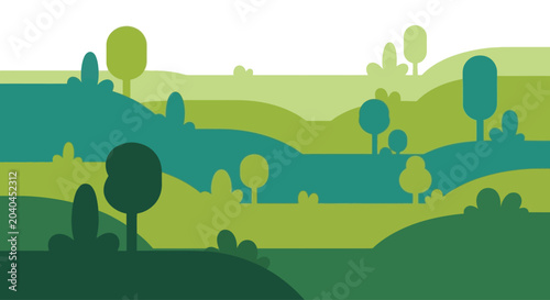 Flat design landscape with rolling hills and stylized trees in various shades of green, graphic element