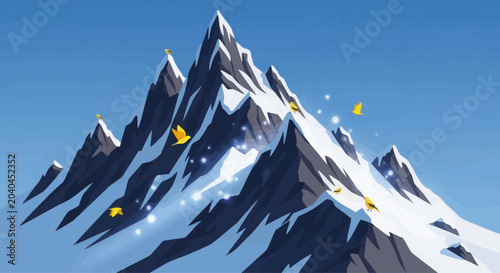 Photos Stylized snowy mountain peak with yellow birds flying in a clear blue sky, graph