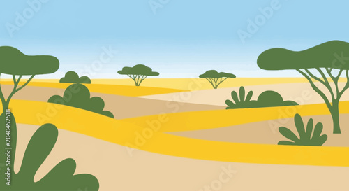 Stylized African savanna landscape with acacia trees and dry earth, graphic vector art.