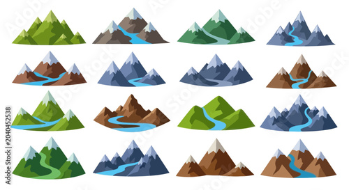 Foto Set of stylized cartoon mountain landscapes with rivers and snow peaks, flat vec