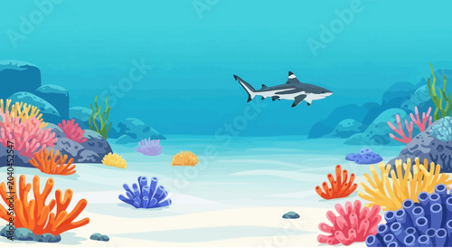 Underwater scene with shark swimming near colorful coral reefs and ocean floor, cartoon style