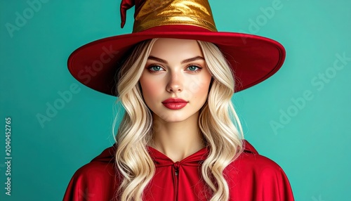 Beautiful Blonde Woman in Red Witch Costume with Golden Hat Posing for Portrait.