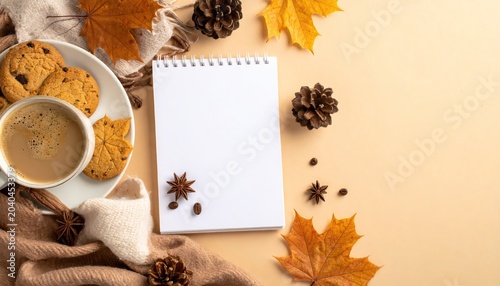 Cozy Autumn Scene with Coffee and Notebook.