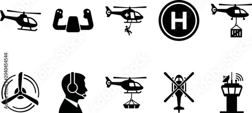 Foto Black silhouettes of various helicopter icons and symbols on white background