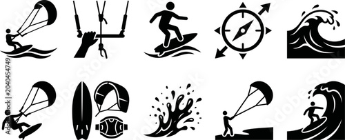 Foto Black silhouettes of various surfing and kitesurfing icons and symbols on white
