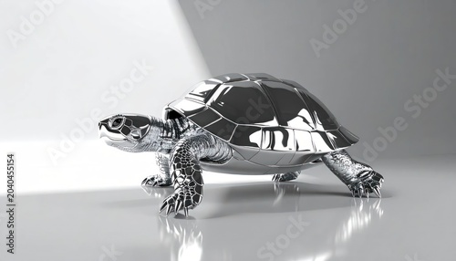 Polished metal turtle figurine on white studio background.