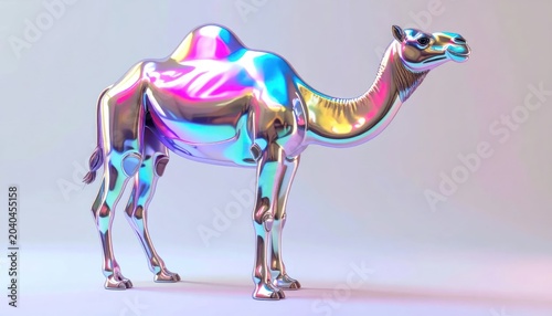 Pearlescent metallic camel sculpture with rainbow reflections.