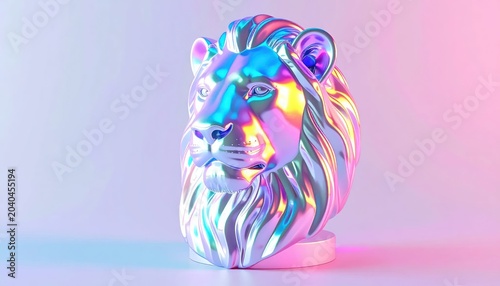 3D chrome lion bust with vibrant holographic texture.
