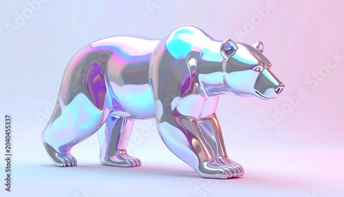 Reflective silver bear statue with holographic lighting.