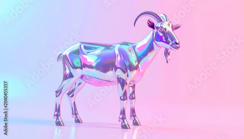 Side profile of a shiny holographic goat sculpture.