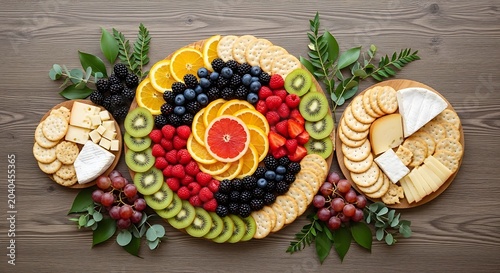 Fresh fruit platter with cheese and crackers arranged on a rustic wooden table for a party