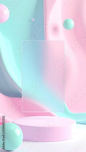3D podium and glass screen on pastel background.