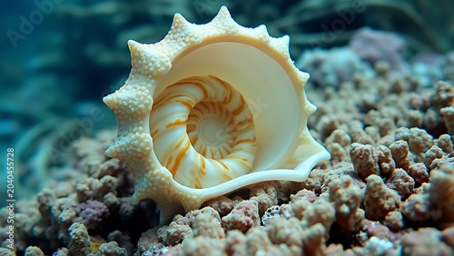 Large triton shell on coral reef, spiral texture visible.