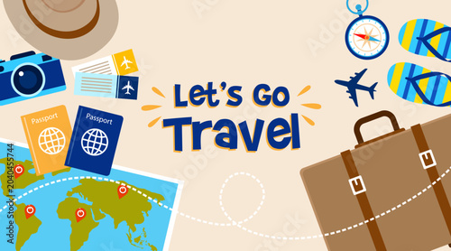 travel banner with Let's Go Travel text typography surrounded by vacation items like suitcases, passports, camera, and map. Vector background layout for holiday tour and agency promotions.