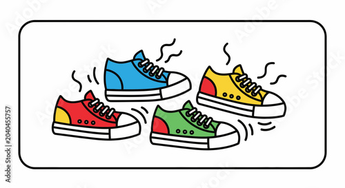 Four colorful sneakers with steam indicating a bad smell, cartoon style