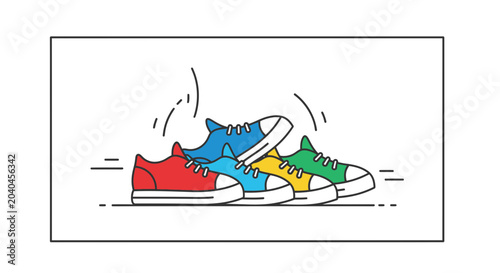 Colorful Sneakers Running Together, Dynamic Motion, Teamwork Concept