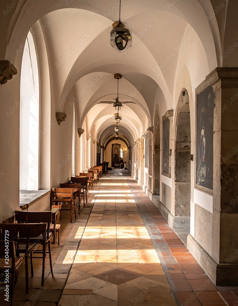 Obraz premium A long, sunlit corridor with arches and tables