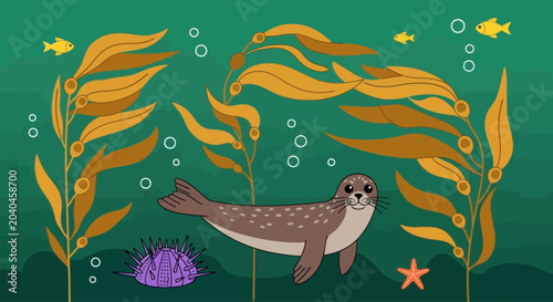Cute cartoon seal swimming in kelp forest with sea urchin and starfish