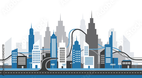 Modern cityscape with skyscrapers and connecting lines, flat design graphic element