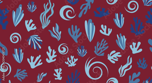 Seamless vector pattern of abstract coral reef shapes in blue and light blue on a dark red background.