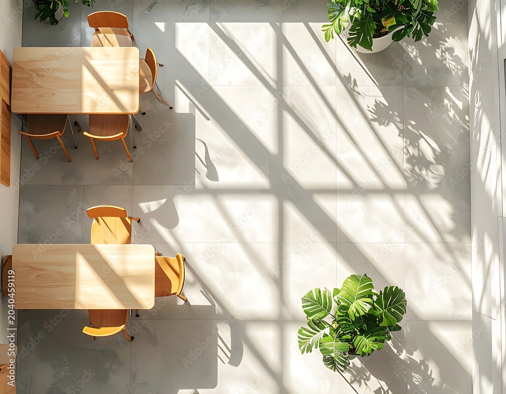 Fototapeta premium A bright dining area with wooden tables and chairs