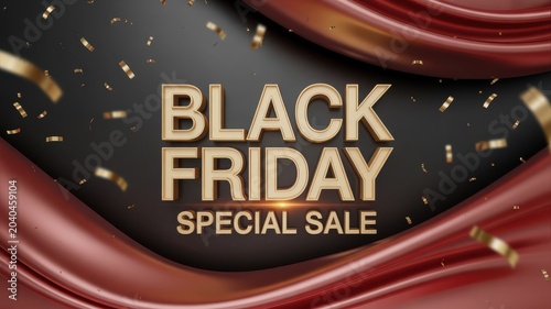 Black Friday Special Sale with golden 3D text, festive confetti, and elegant red fabric background