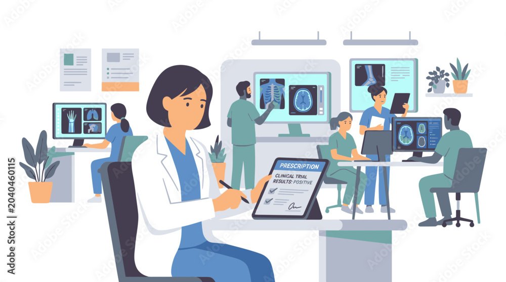 Fototapeta premium Healthcare Professionals Collaborating in Modern Medical Diagnostic Center.