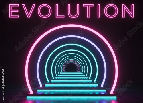 Neon Archway Tunnel with the word EVOLUTION in pink neon lights