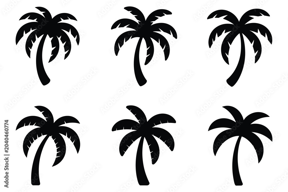Naklejka premium Palm Tree Silhouettes On White Background Tropical Vegetation Silhouette