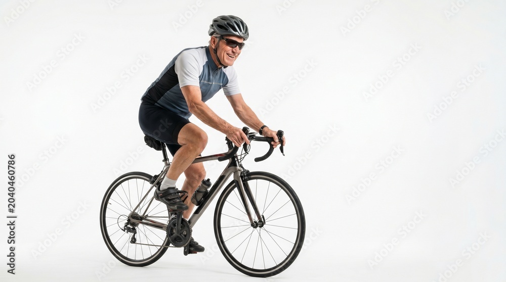 Fototapeta premium Smiling senior man enjoying a healthy and active outdoor ride on his modern road bicycle