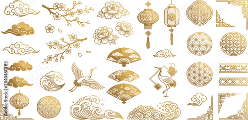 Chinese New Year Luxury Gold Vector Element Set with Traditional Lanterns Auspicious Clouds Cranes Fans Sea Waves Blossom Branches Patterns and Ornamental Corners