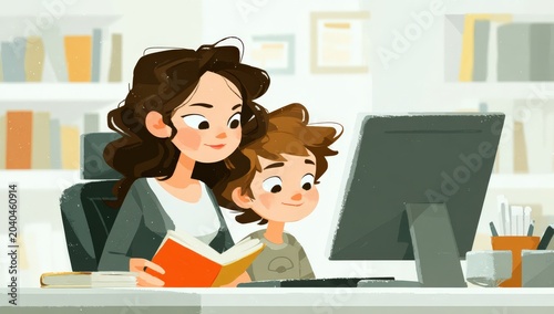 Illustration of a woman reading a book to a young boy while sitting at a desk with a computer in a bright, modern home office setting filled with books