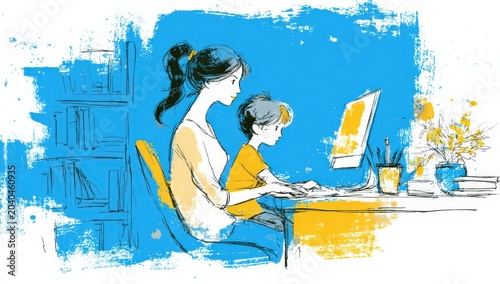 Illustration of a woman and child sitting at a desk using a computer, surrounded by bookshelves and a plant, with a bright blue and yellow background