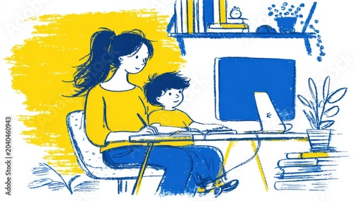 Illustration of a woman and child sitting at a desk, working on a computer, surrounded by books and plants in a bright, colorful home office setting