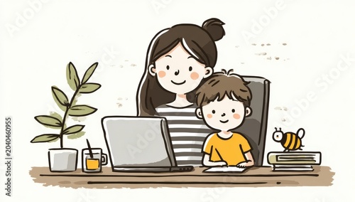 Illustration of a woman and child sitting at a desk with a laptop, surrounded by a plant, juice, books, and a cartoon bee, depicting a cozy home study environment