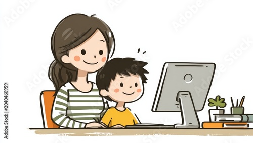 Illustration of a woman and child sitting together at a desk, engaging with a computer screen, surrounded by books and a small plant on the table