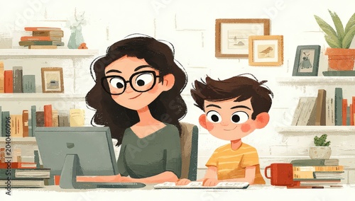 Illustration of a woman with glasses and a boy sitting at a desk, working on a computer with bookshelves filled with books and plants in the background