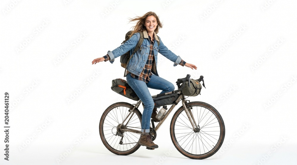 Fototapeta premium Joyful Woman on Adventure Bicycle, Backpacking and Exploring with a Radiant Smile